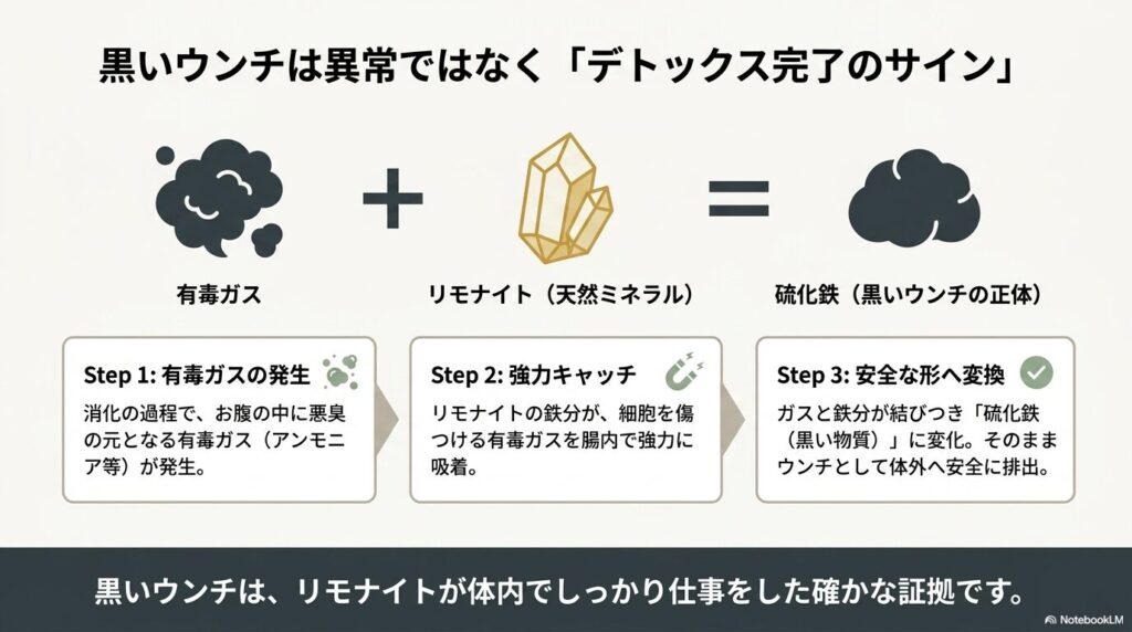 リモナイトによる黒いウンチのメカニズム。有毒ガスと鉄分が結びつき、硫化鉄となって安全に排出されるデトックスのサイン。
