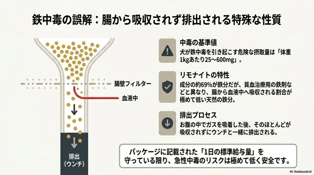 リモナイトの鉄分は腸から血液中へ吸収される割合が極めて低く、ガスを吸着した後にほとんどが排出されるため安全性が高いという図解。