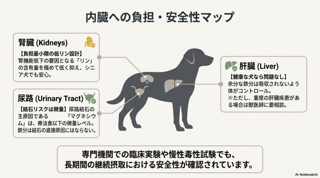 リモナイトの内臓への影響。腎臓への負担を抑えた低リン設計、結石リスクが微量であること、健康な犬の肝臓なら問題ないことを示す安全性マップ。