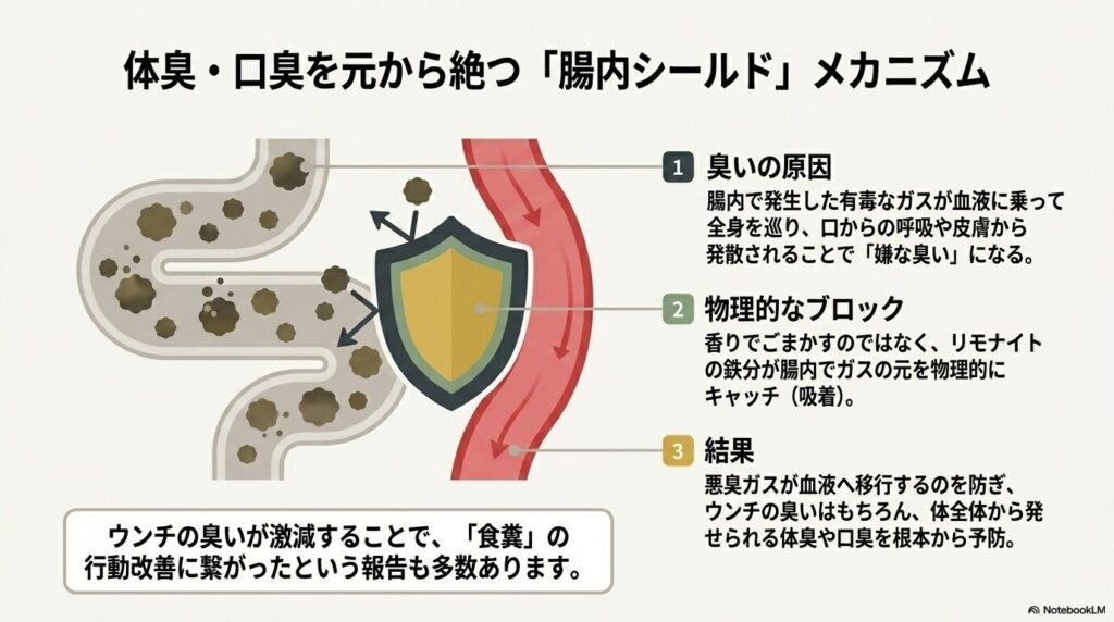 リモナイトの鉄分が腸内で有毒ガスを物理的にキャッチし、血液へ移行するのを防ぐことで体臭や口臭を予防する腸内シールドのメカニズム。