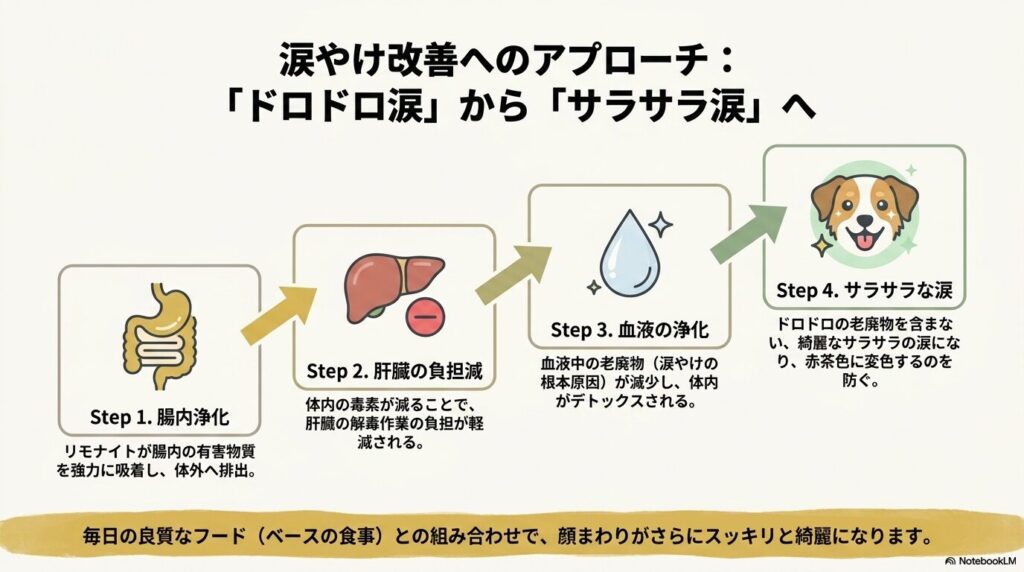 腸内浄化により肝臓の負担が減り、血液が浄化されることで、ドロドロの老廃物を含まないサラサラな涙になり涙やけを改善するステップ。