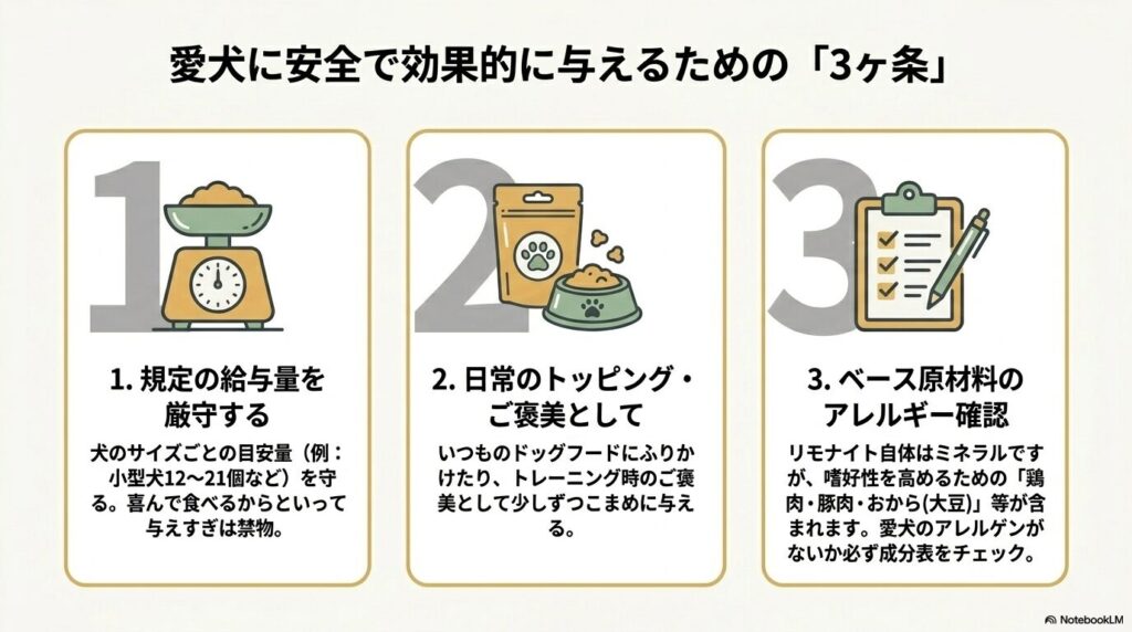 愛犬に安全に与えるための3ヶ条。規定の給与量の厳守、日常のトッピングやご褒美としての活用、ベース原材料のアレルギー確認について。