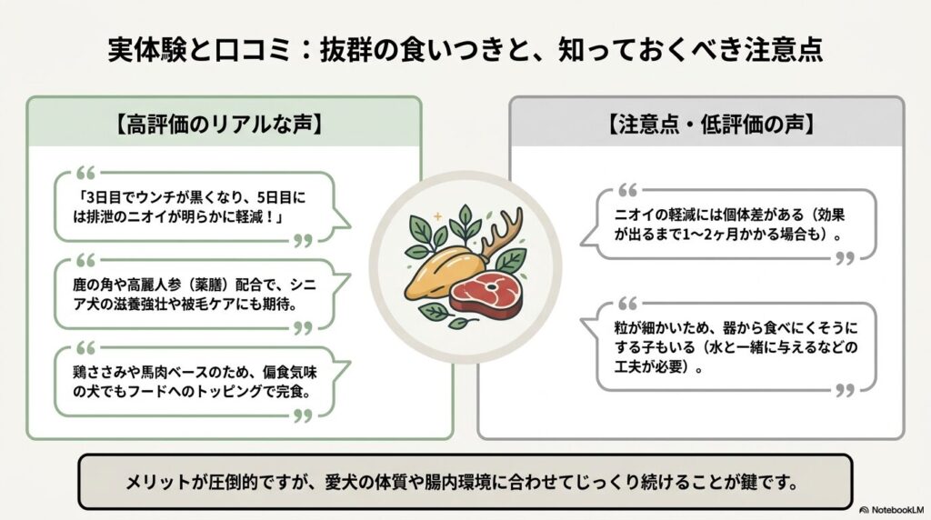 わんこのリモナイトの実体験と口コミ。食いつきやニオイ軽減に関する高評価の声と、個体差や食べにくさに関する低評価の注意点。