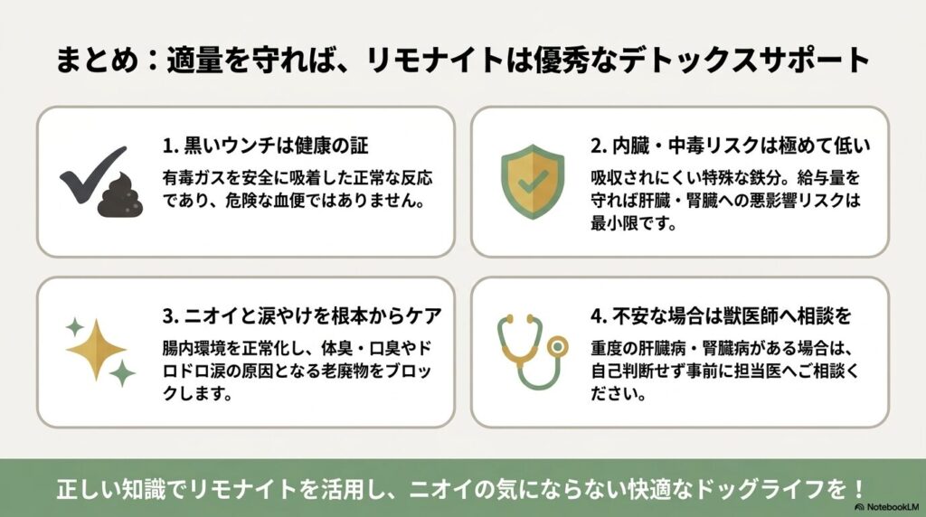 記事のまとめ。黒いウンチは健康の証、内臓・中毒リスクは極めて低い、ニオイと涙やけの根本ケア、持病がある場合は獣医師へ相談という4つのポイント。