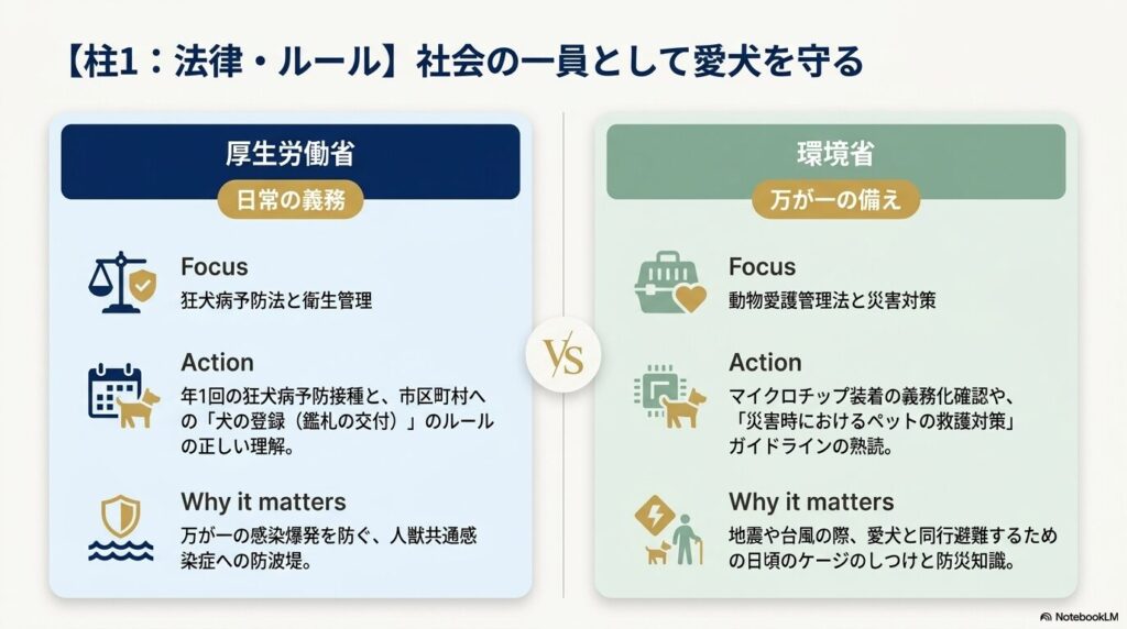 厚生労働省が管轄する狂犬病予防法などの日常の義務と、環境省が管轄する動物愛護管理法や災害対策のポイント解説。