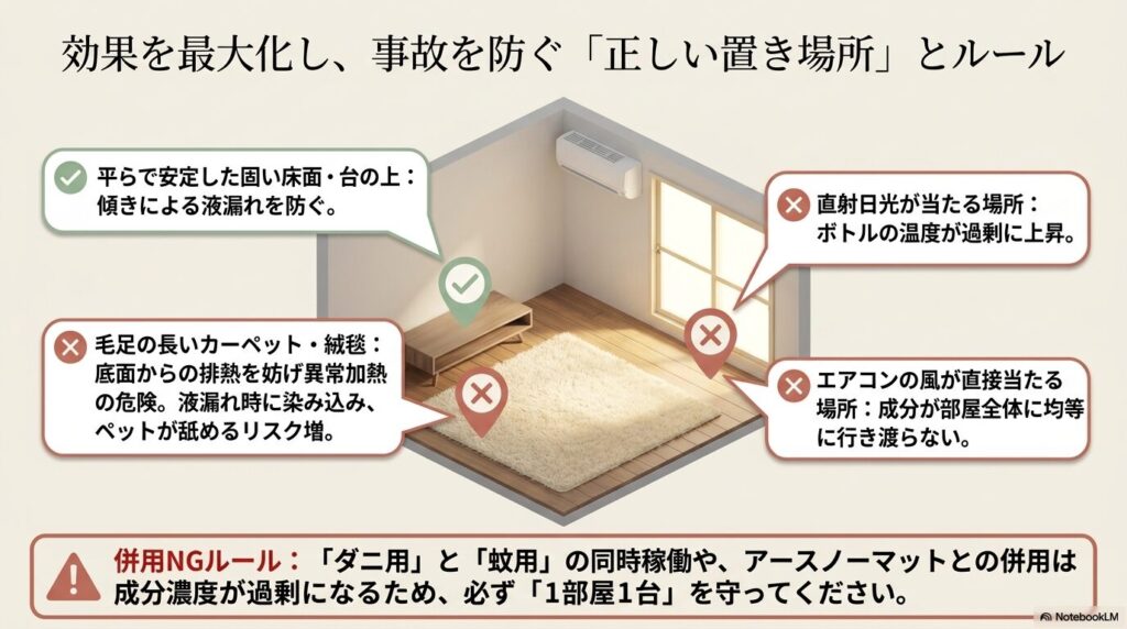 平らで安定した床面に置くなどの正しい置き場所と、避けるべき場所、機器の併用NGルールを解説したスライド