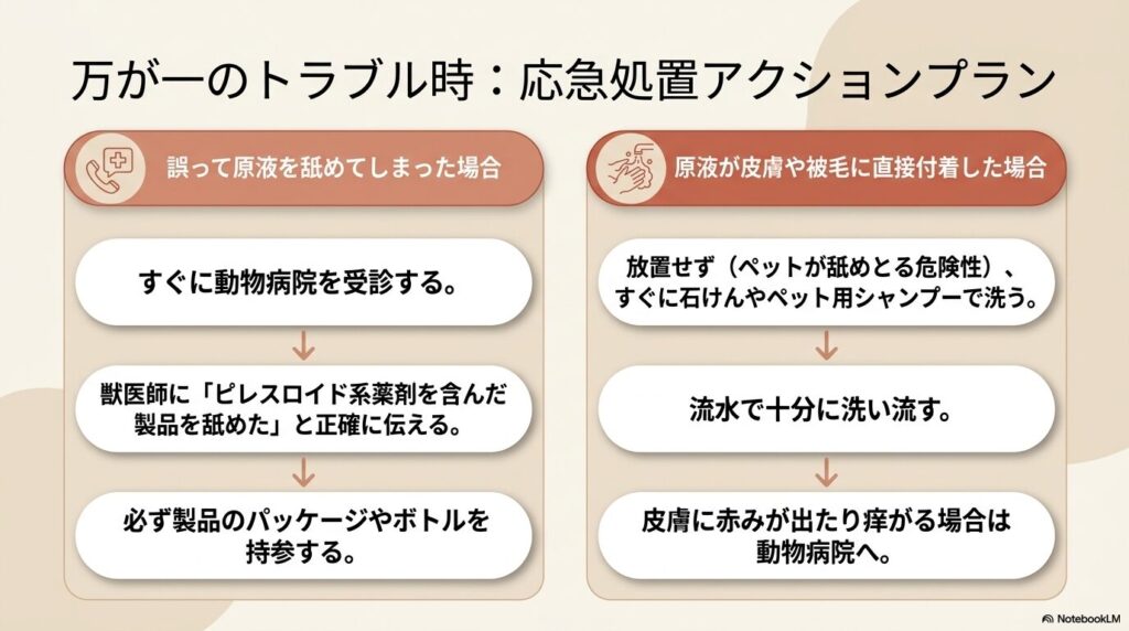誤って原液を舐めてしまった場合と、皮膚や被毛に直接付着した場合の応急処置の手順を示したスライド