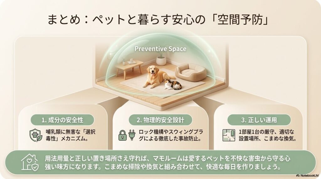 成分の安全性、物理的安全設計、正しい運用の3つのポイントを振り返るまとめのスライド