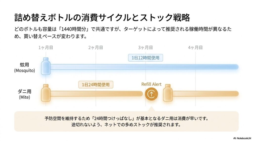 マモルームの蚊用(1日12時間使用)とダニ用(1日24時間使用)のボトルの消費ペース比較