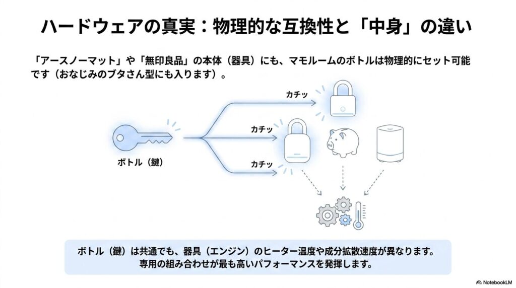 マモルームの詰め替えボトルとアースノーマット・無印良品の器具の物理的な互換性イメージ