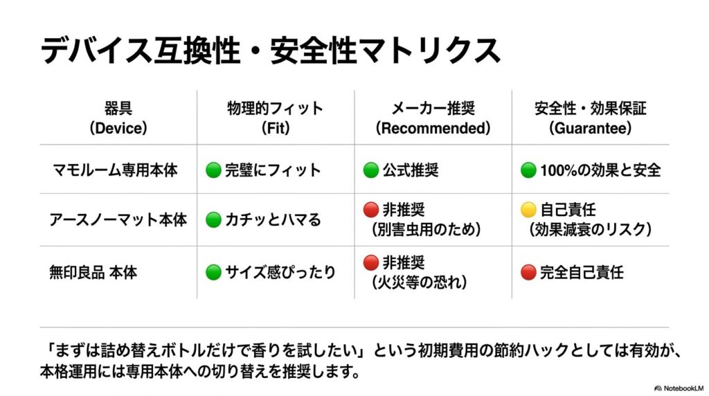 マモルーム専用本体、アースノーマット本体、無印良品本体における互換性とメーカー推奨・安全性の比較表