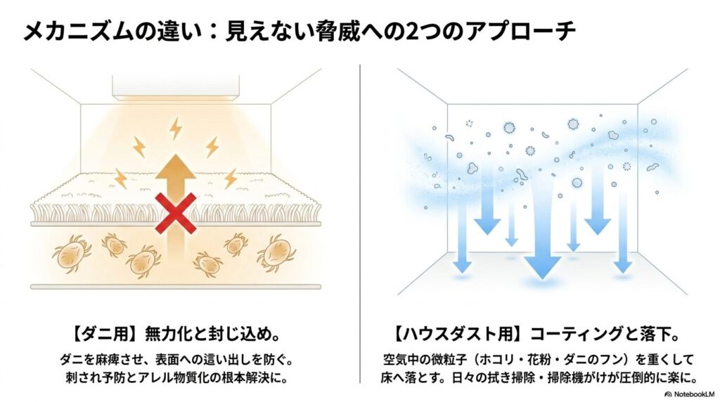 マモルームのダニ用(這い出し防止)とハウスダスト用(微粒子の落下促進)の作用メカニズムの違い