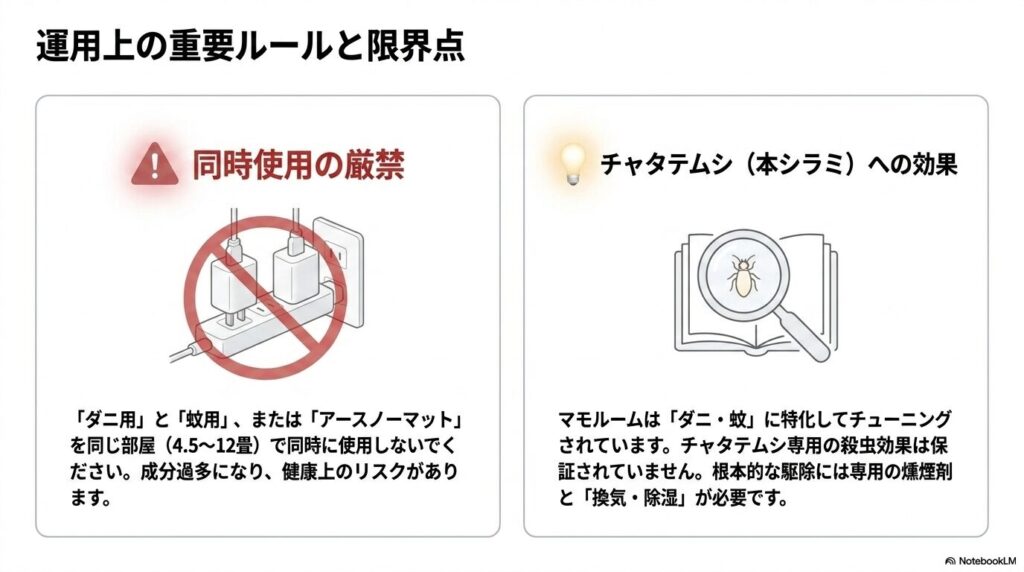 マモルームの同時使用の禁止事項と、チャタテムシ(本シラミ)への効果に関する限界点