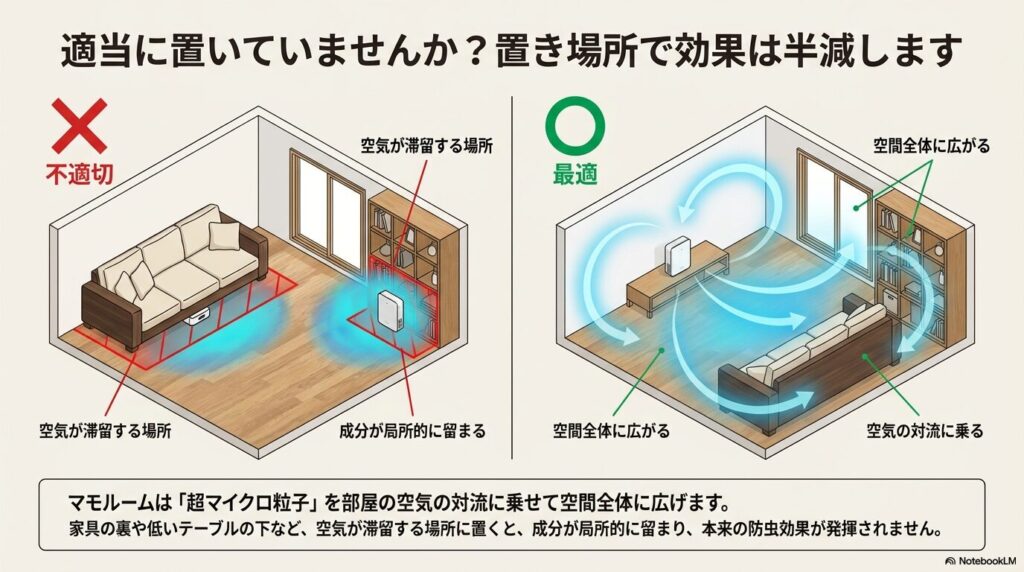 マモルームを部屋の中央に置いた場合と、家具の裏など空気が滞留する場所に置いた場合の効果の広がり方の違いを示す図