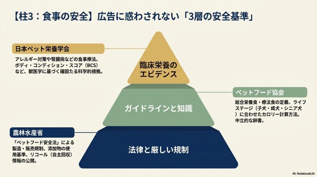 農林水産省の法律による規制、ペットフード協会のガイドライン、日本ペット栄養学会の臨床栄養エビデンスからなる3層のドッグフード安全基準。