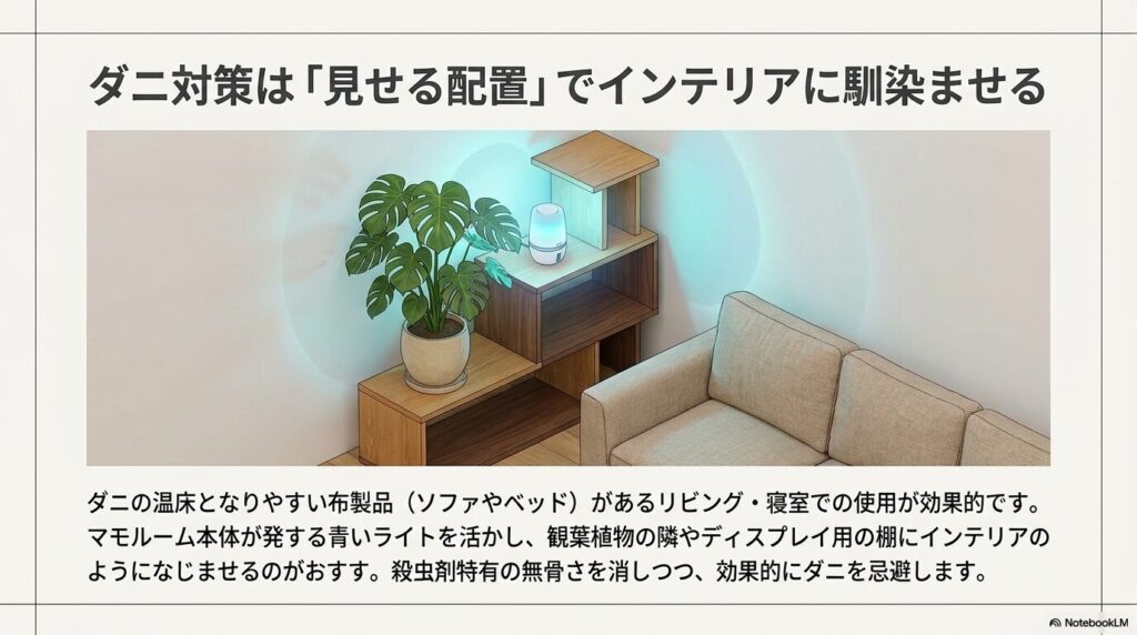 観葉植物の隣のディスプレイ棚にマモルームを設置し、青いライトがインテリアに馴染んでいるリビングの例
