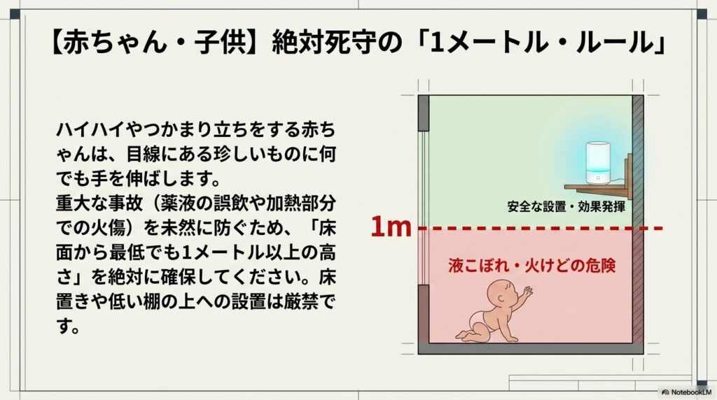 床を這う赤ちゃんを液こぼれや火傷から守るため、床から1メートル以上の高さの棚にマモルームを設置している図