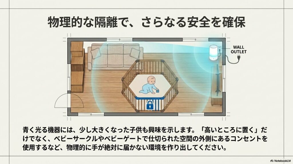 リビングでベビーサークル内にいる赤ちゃんから完全に離れた、サークル外の壁のコンセントにマモルームを設置している図