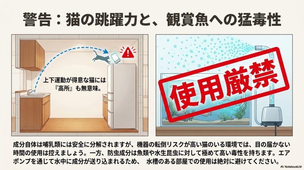 冷蔵庫の上に飛び乗る猫のイラストと、エアポンプを通じて水中に成分が送り込まれるため水槽の横でのマモルーム使用が厳禁であることを示す図