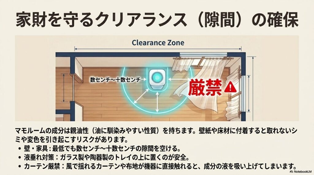 マモルームと壁や家具、揺れるカーテンの間に数センチから十数センチの隙間を空けることを示す図