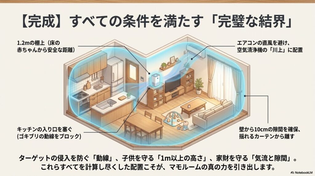 害虫の動線を塞ぎ、子供の手が届かない高さ、気流や壁との隙間など、すべての条件を計算してリビングとキッチンにマモルームを配置した全体図