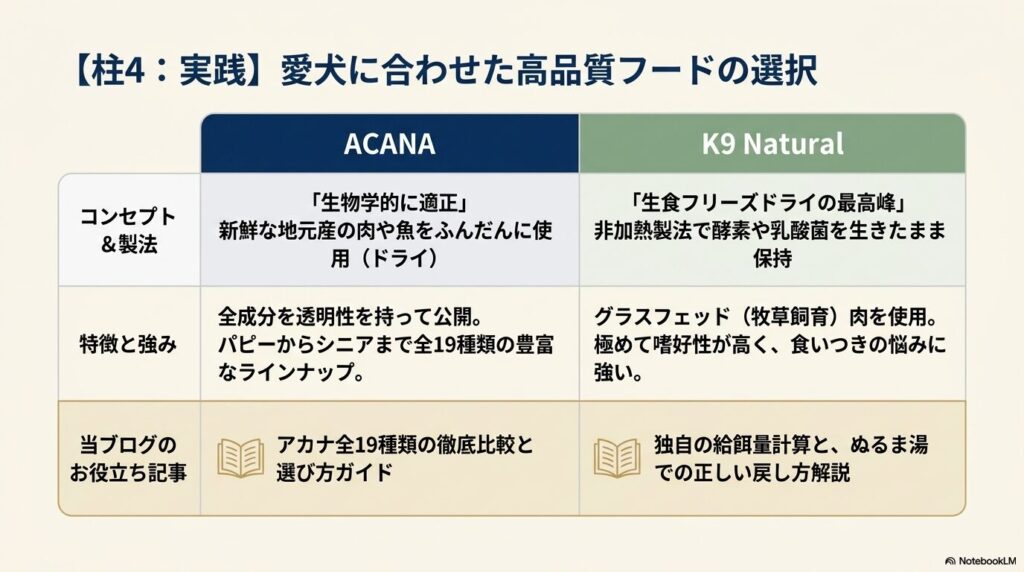 生物学的に適正なレシピのアカナ（ACANA）と、生食フリーズドライの最高峰であるK9ナチュラルの特徴と強みの比較表。