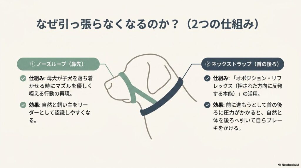 ジェントルリーダーのノーズループとネックストラップによる引っ張り防止の仕組み