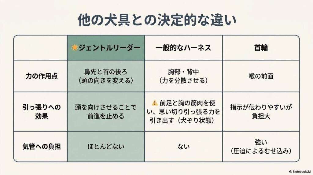 ジェントルリーダー、一般的なハーネス、首輪の力の作用点と気管への負担比較表