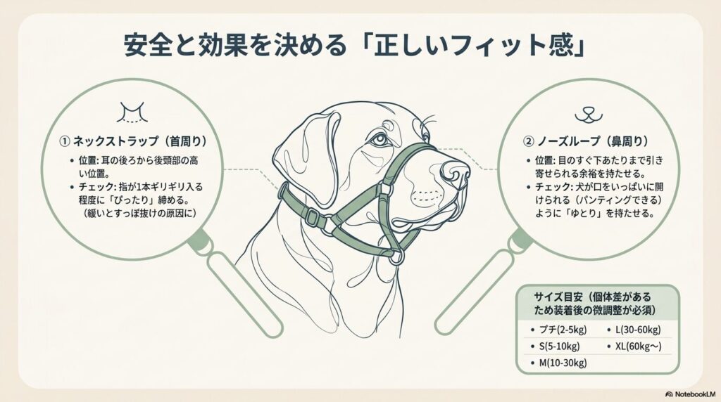 ジェントルリーダーのネックストラップとノーズループの正しい位置とフィット感