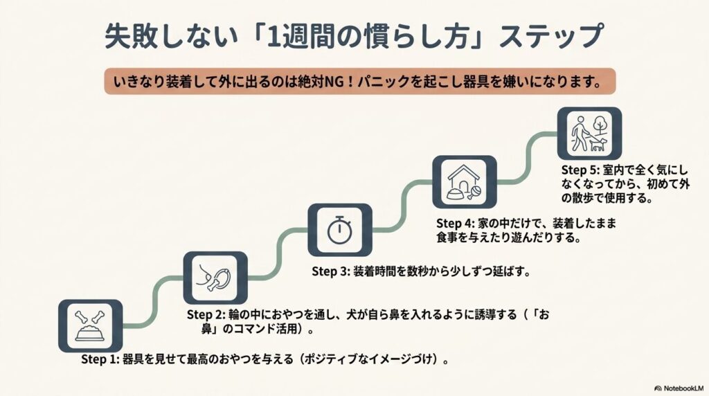 ジェントルリーダーに室内から徐々に慣れさせるための1週間の5ステップ