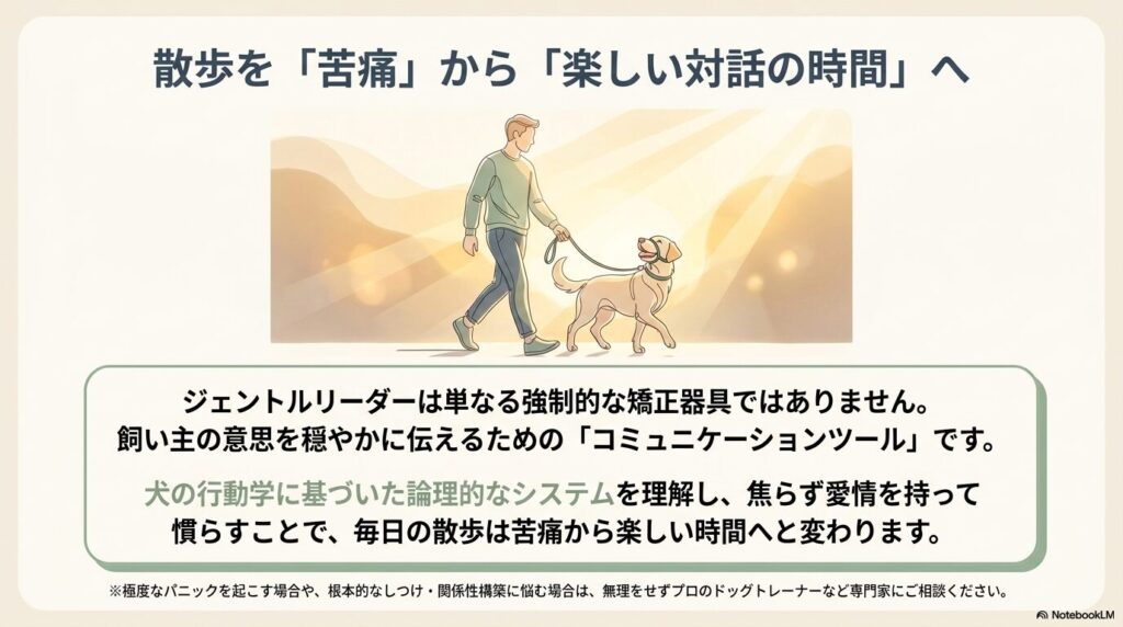 ジェントルリーダーを使ってアイコンタクトを取りながら愛犬と楽しく散歩する様子
