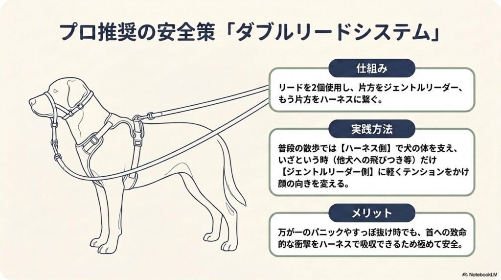 ジェントルリーダーとハーネスを併用した安全なダブルリードシステムの仕組み