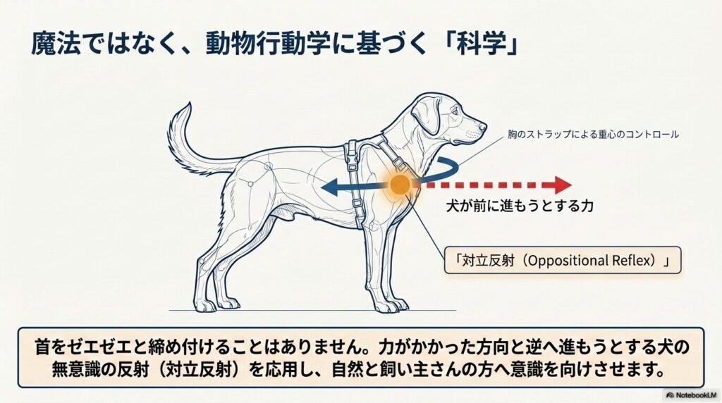イージーウォークハーネスの引っ張り防止効果の理由である対立反射の図解