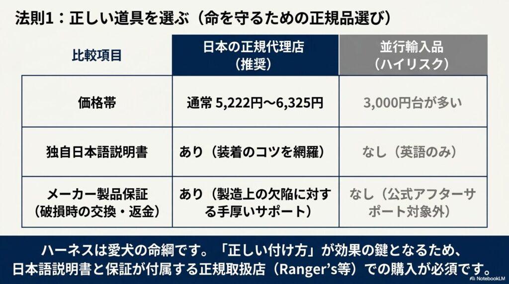 イージーウォークハーネスの日本正規代理店と並行輸入品の価格や保証の比較表