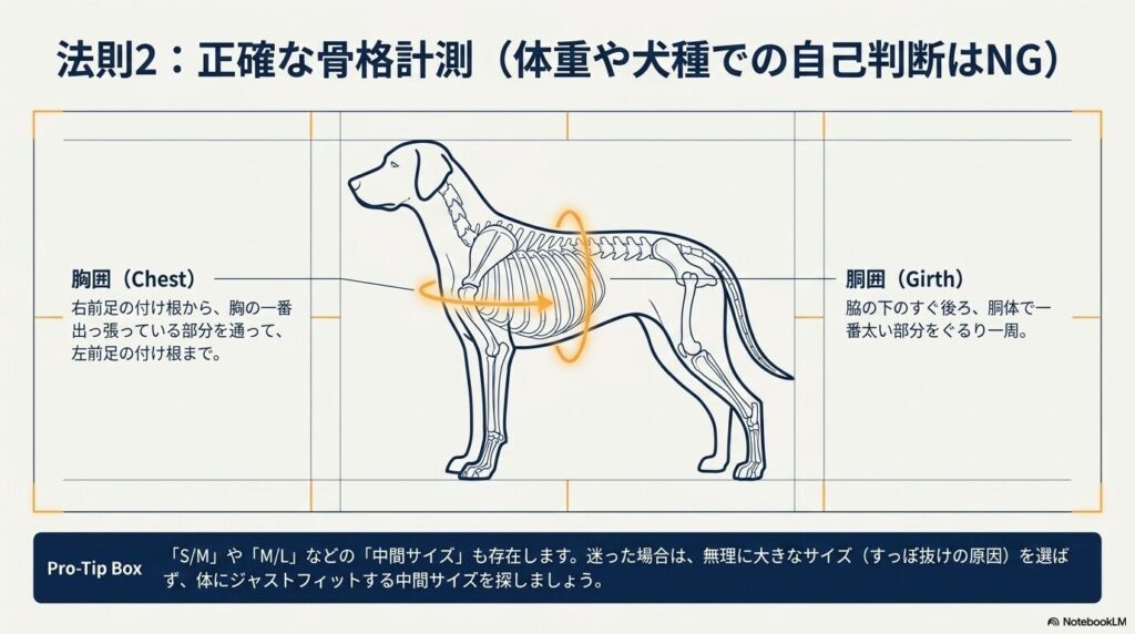 イージーウォークハーネスの正しいサイズ選びのための胸囲と胴囲の測り方