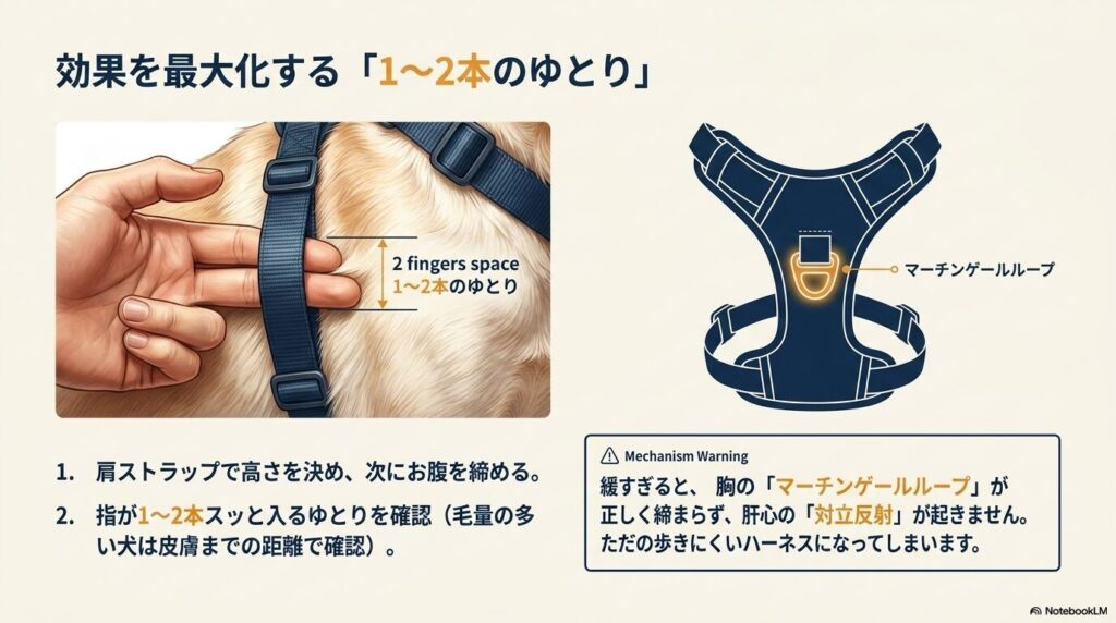 イージーウォークハーネスの調整のコツ(指1〜2本のゆとりとマーチンゲールループ)