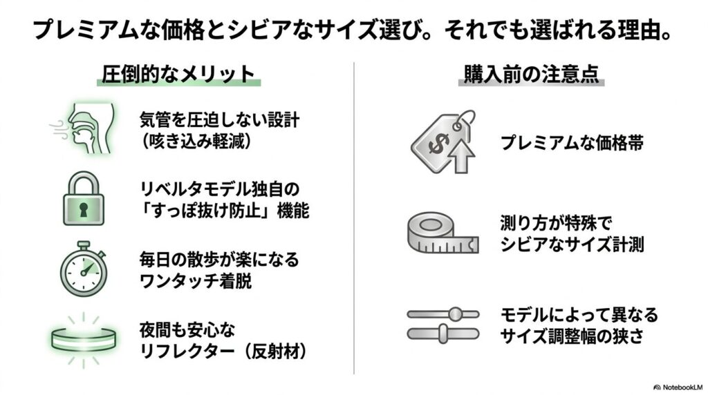 気管を圧迫しない設計やワンタッチ着脱などのメリットと、プレミアムな価格やシビアなサイズ計測などのデメリットをまとめた図