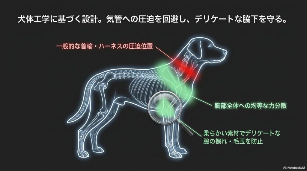 気管への圧迫を回避し胸部全体へ力を均等に分散させる仕組みと、柔らかい素材でデリケートな脇の擦れや毛玉を防ぐ構造を示した犬の図解  