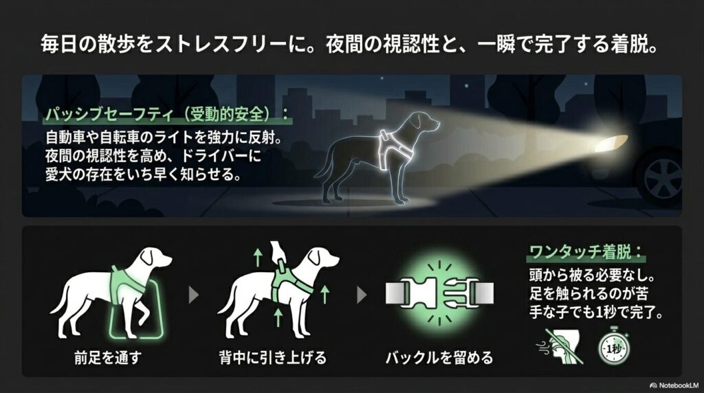 自動車などのライトを強力に反射するリフレクター機能と、前足を通して背中のバックルを留めるだけで1秒で完了するワンタッチ着脱の図解