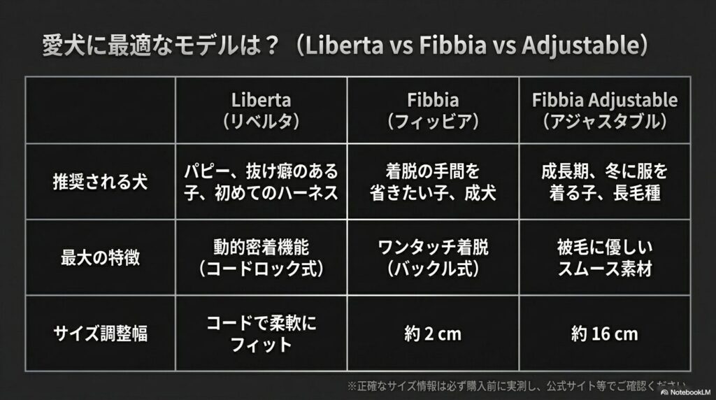 リベルタ、フィッビア、アジャスタブルの3モデルについて、推奨される犬、最大の特徴、サイズ調整幅の違いをまとめた比較表
