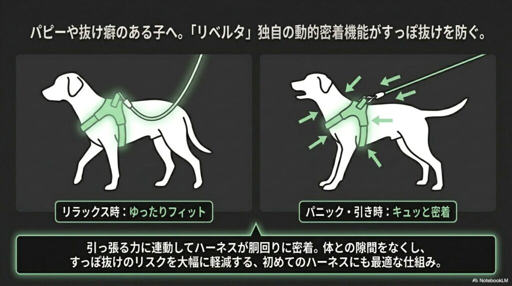 リラックス時のゆったりとしたフィット感と、パニックで引っ張る力に連動してハーネスがキュッと胴回りに密着しすっぽ抜けを防ぐ様子を比較した図