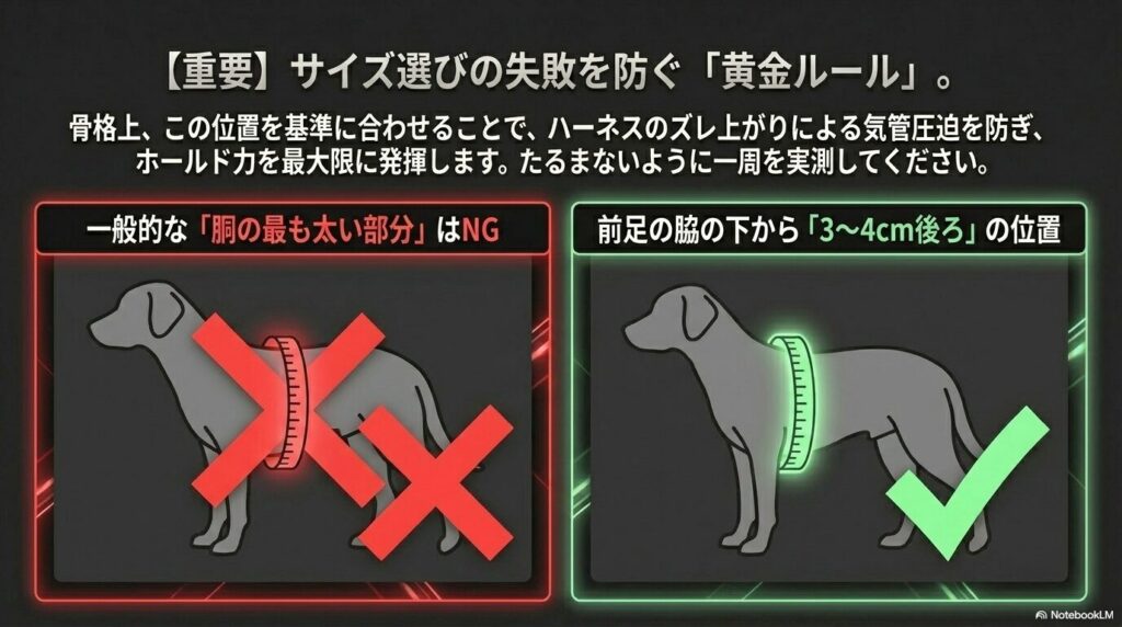 ハーネスのズレ上がりによる気管圧迫を防ぐため、一般的な胴の最も太い部分ではなく、前足の脇の下から3〜4cm後ろの位置を実測する黄金ルールを示した図解