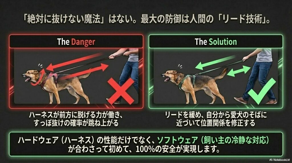 無理にリードを引っ張り返すすっぽ抜けのリスクが高いNG例と、リードを緩めて飼い主から愛犬のそばに近づく正しい対処法を示した比較図