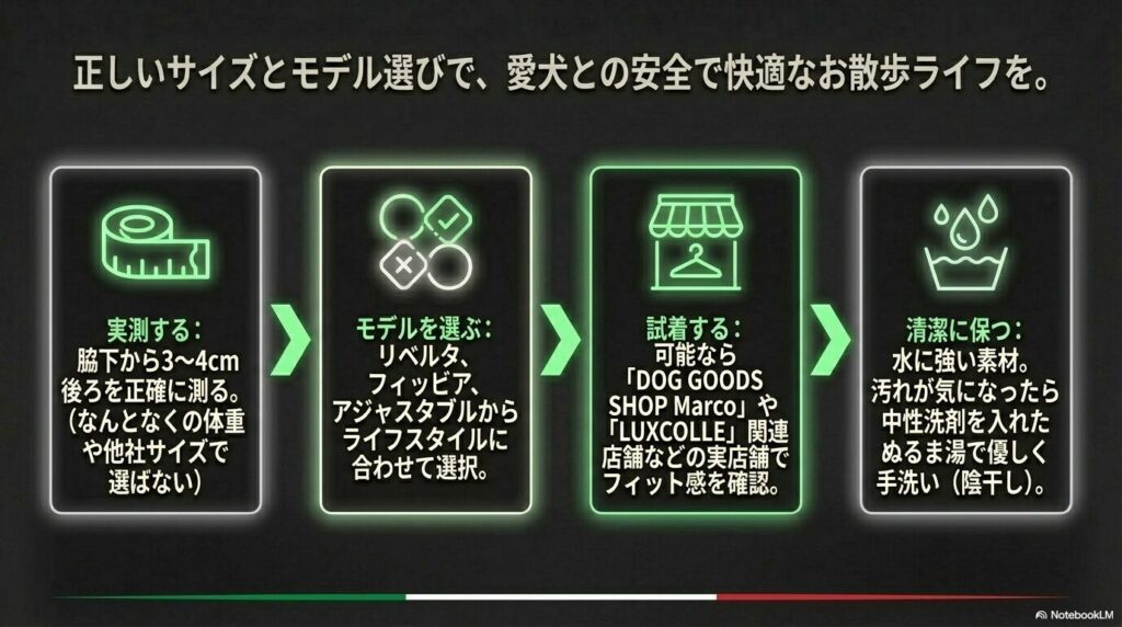 脇下から3〜4cm後ろを実測する、ライフスタイルに合わせてモデルを選ぶ、実店舗で試着する、中性洗剤で優しく手洗いするという4つのポイントをまとめたスライド