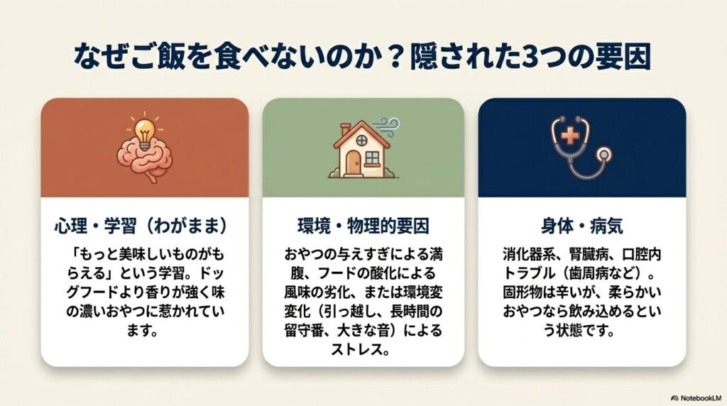 心理・学習、環境・物理的要因、身体・病気というご飯を食べない3つの要因をまとめたスライド