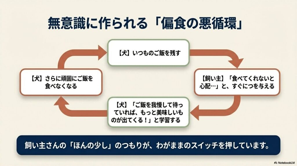 ご飯を残すと飼い主がおやつを与えてしまうことで作られる偏食の悪循環の図解