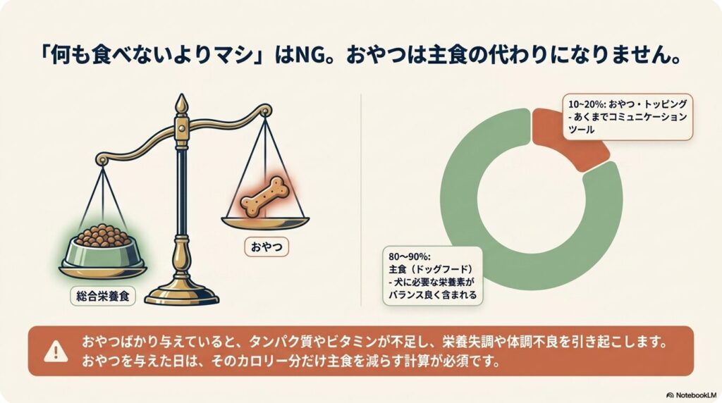 犬の食事における総合栄養食とおやつの理想的な割合(主食80〜90%、おやつ10〜20%)を示したスライド