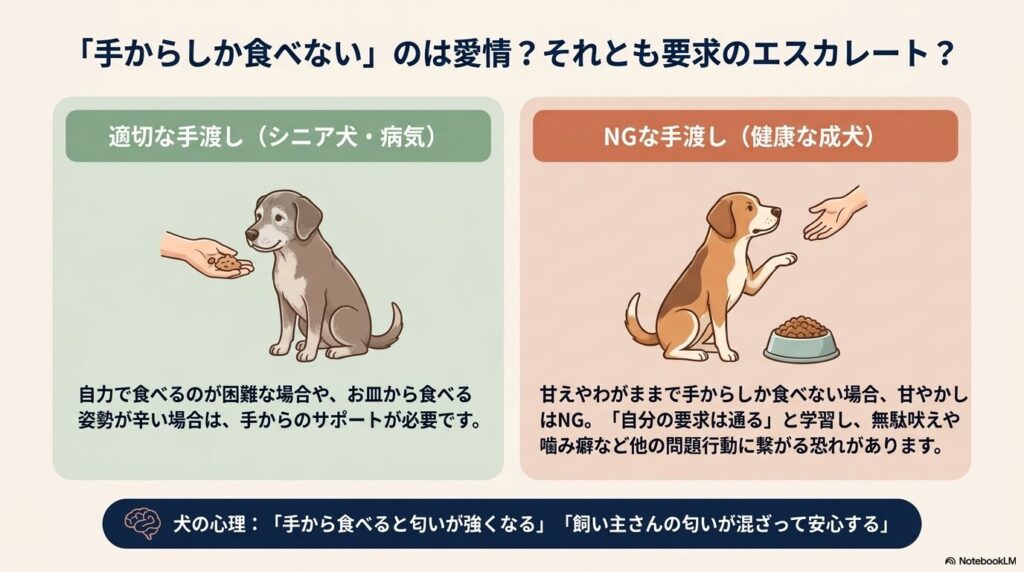 シニア犬への適切な手渡しと、健康な成犬への甘やかしによるNGな手渡しの違いを解説したスライド