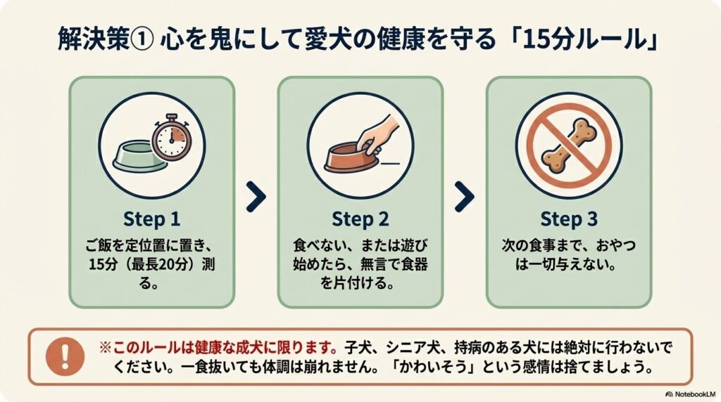 健康な成犬を対象とした、食事を15分で片付けるルールの3ステップを解説したスライド
