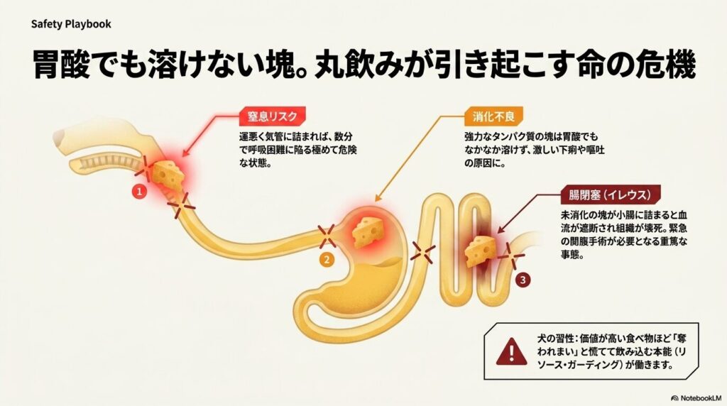 ヒマラヤチーズの丸飲みによる窒息リスク、消化不良、腸閉塞(イレウス)の危険性を解説した図解